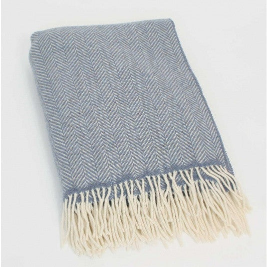 John Hanly Merino and Cashmere Blue Herringbone Blanket Throw - 136 cm x 180 cm - Stuff & All Ltd 